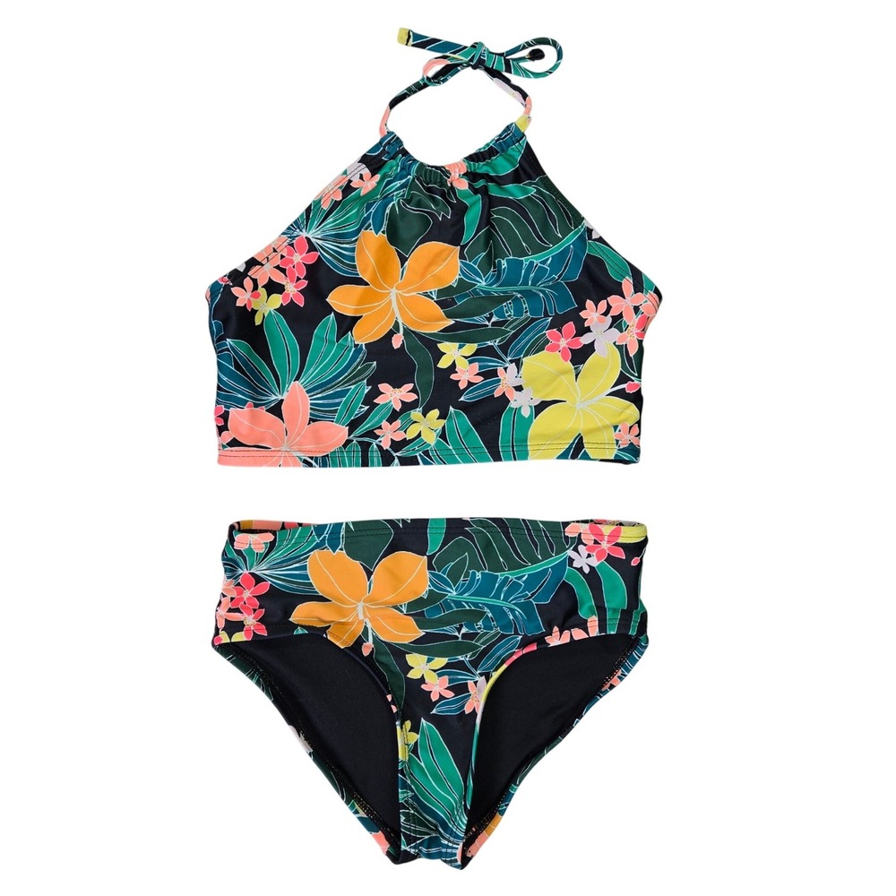 Old Navy Girls Size 6-7 Small Black Floral Tropical Crop Halter Bikini Set